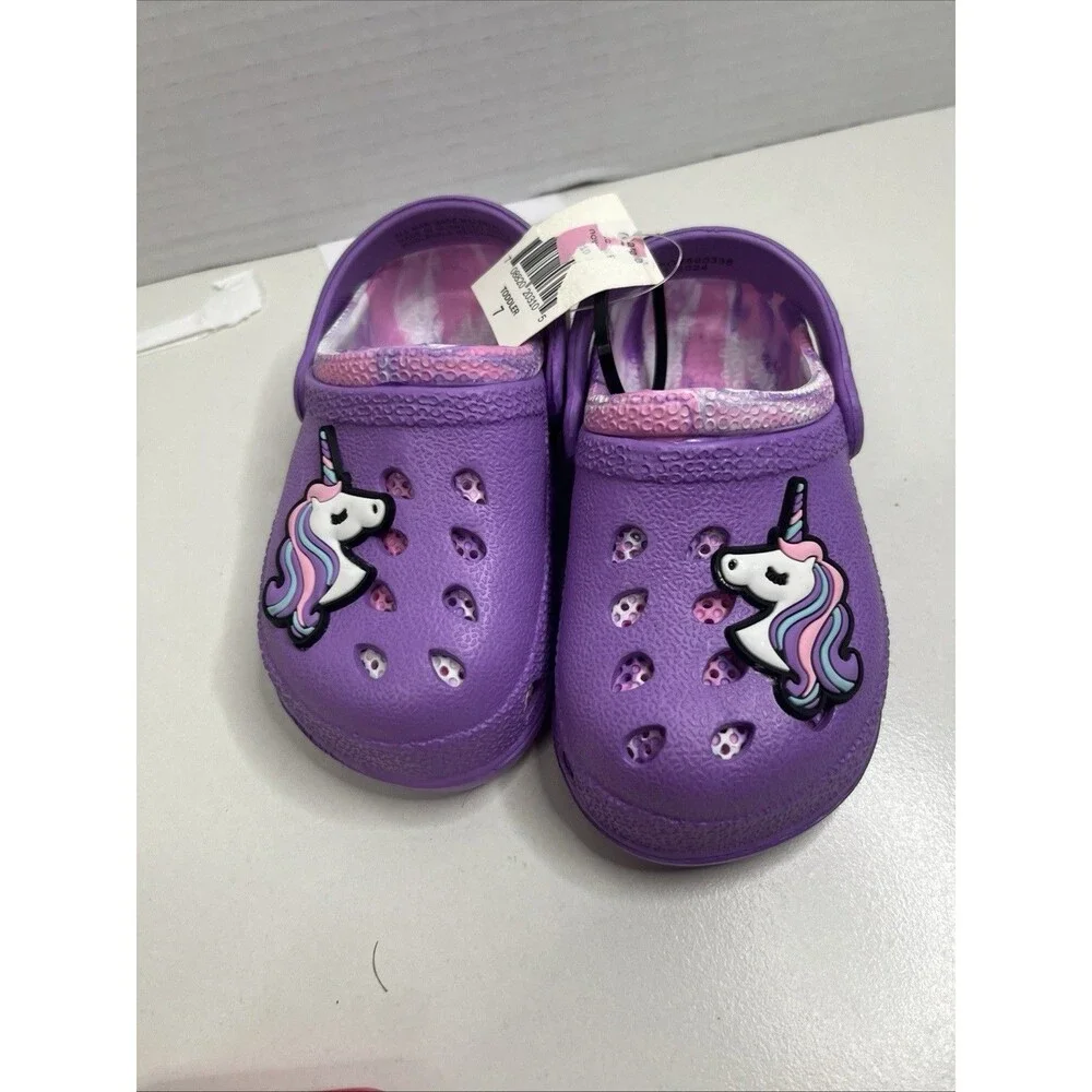 Girls Purple Unicorn Clog Slip-On Shoes US 7 Adjustable Heel Strap